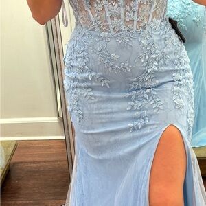 Chic Light Blue Floral Lace Prom Dress